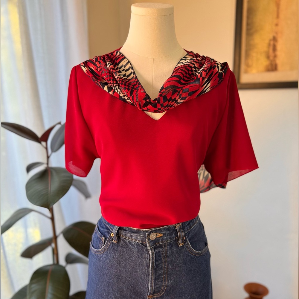 Vintage Red Blouse w/ Attached Scarf Collar | Made in USA | Shawn Design L